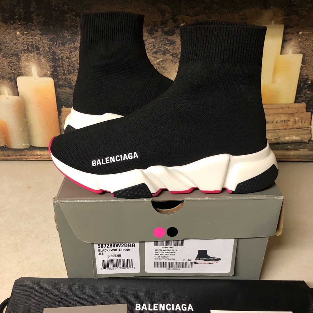 Balenciaga Speed Trainer Runner Sneaker Mid-Top Women Size 6 Black Pink White